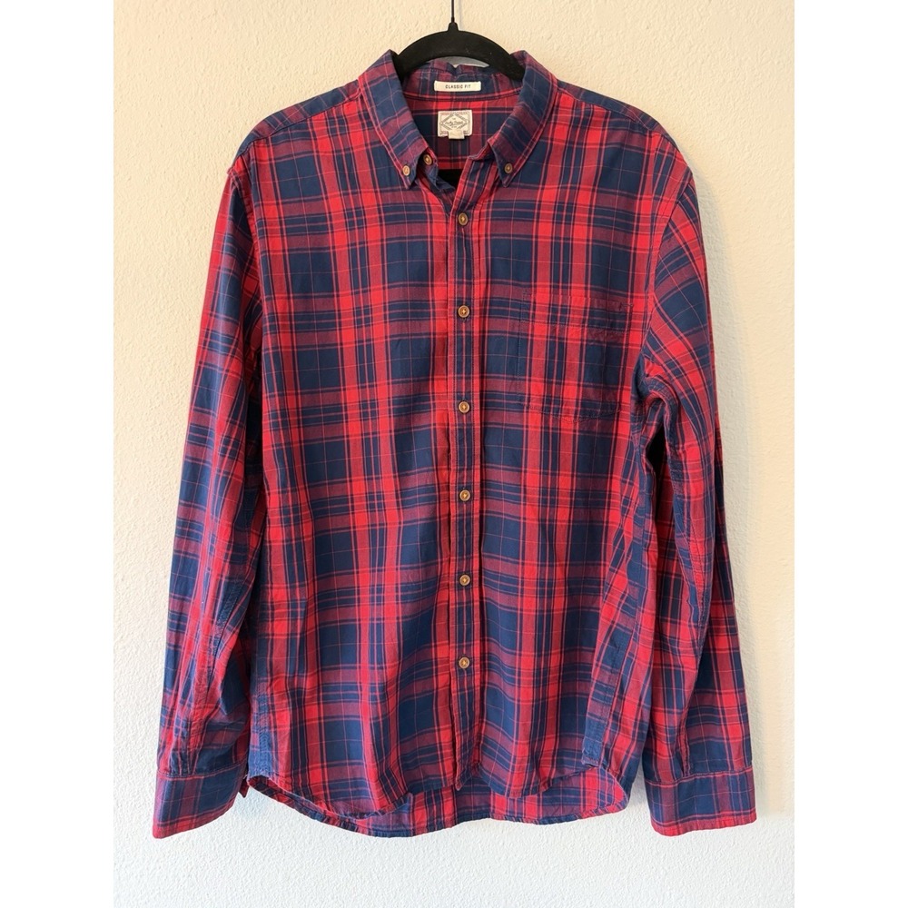 Lucky Brand Red Plaid Classic Fit Single Pocket Button Up Cotton Shirt Men's L